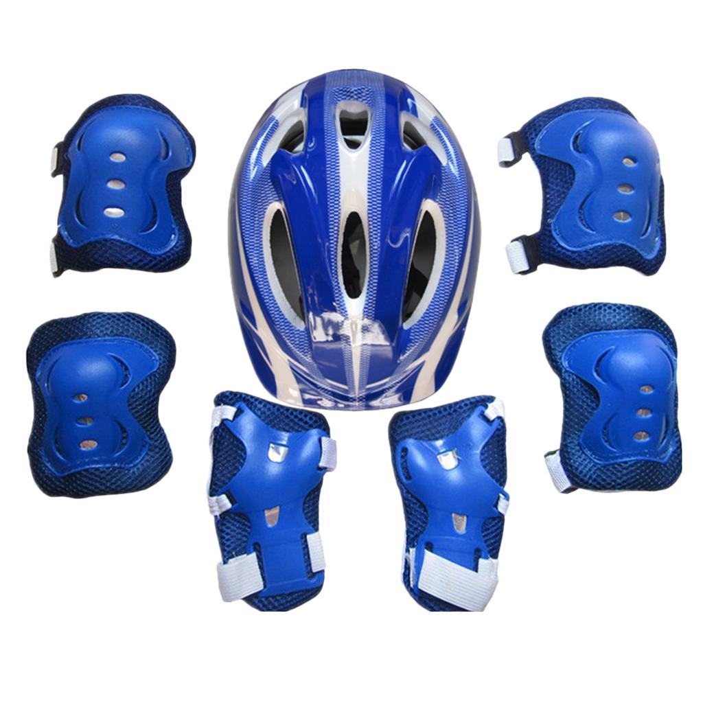 7 Pieces Kids Roller Skating Helmet Knee Elbow Wrist Pads Set dark blue