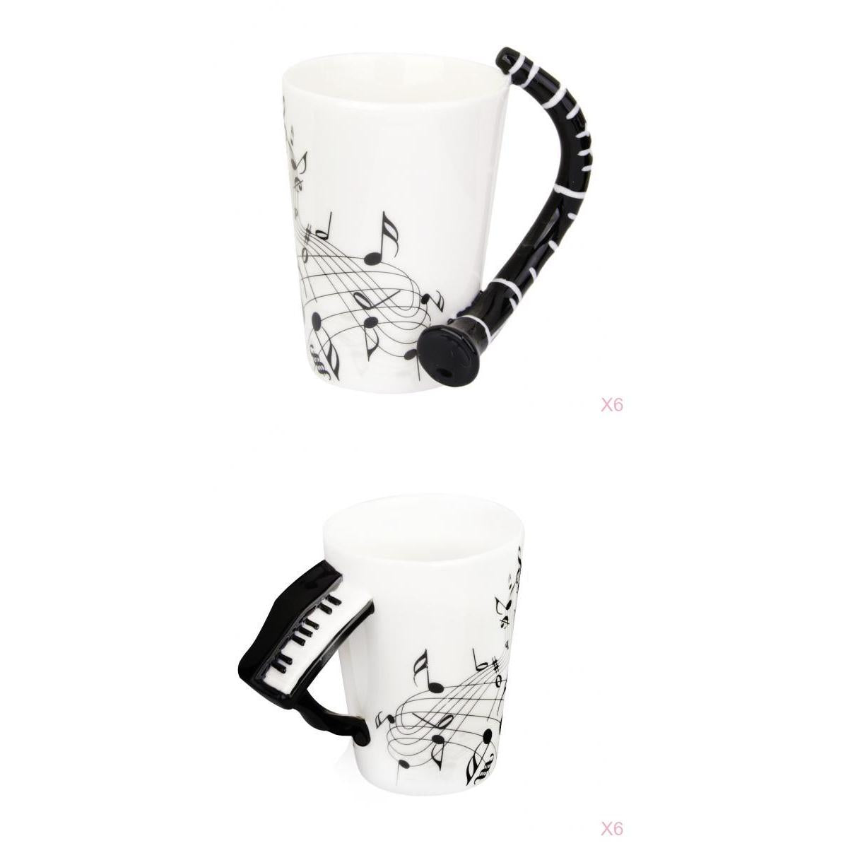 12pcs Music Piano Mug with Clarinet Shaped Handle Porcelain Cup Black Note