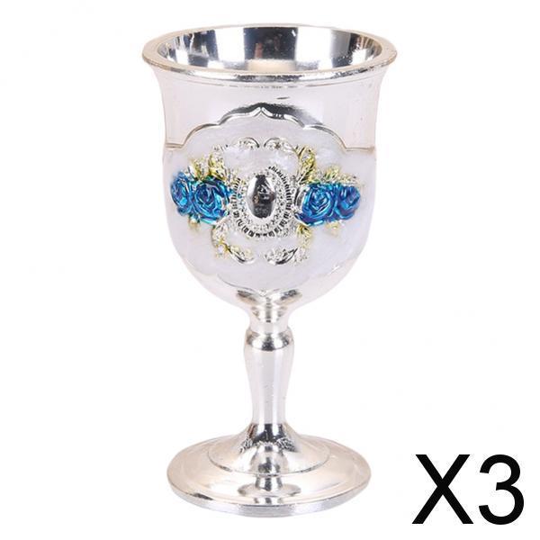 3xMetal Wine Goblet, Carving Pattern Handmade Cup Bar Dinners Parties Decor Blue flower Silver white 