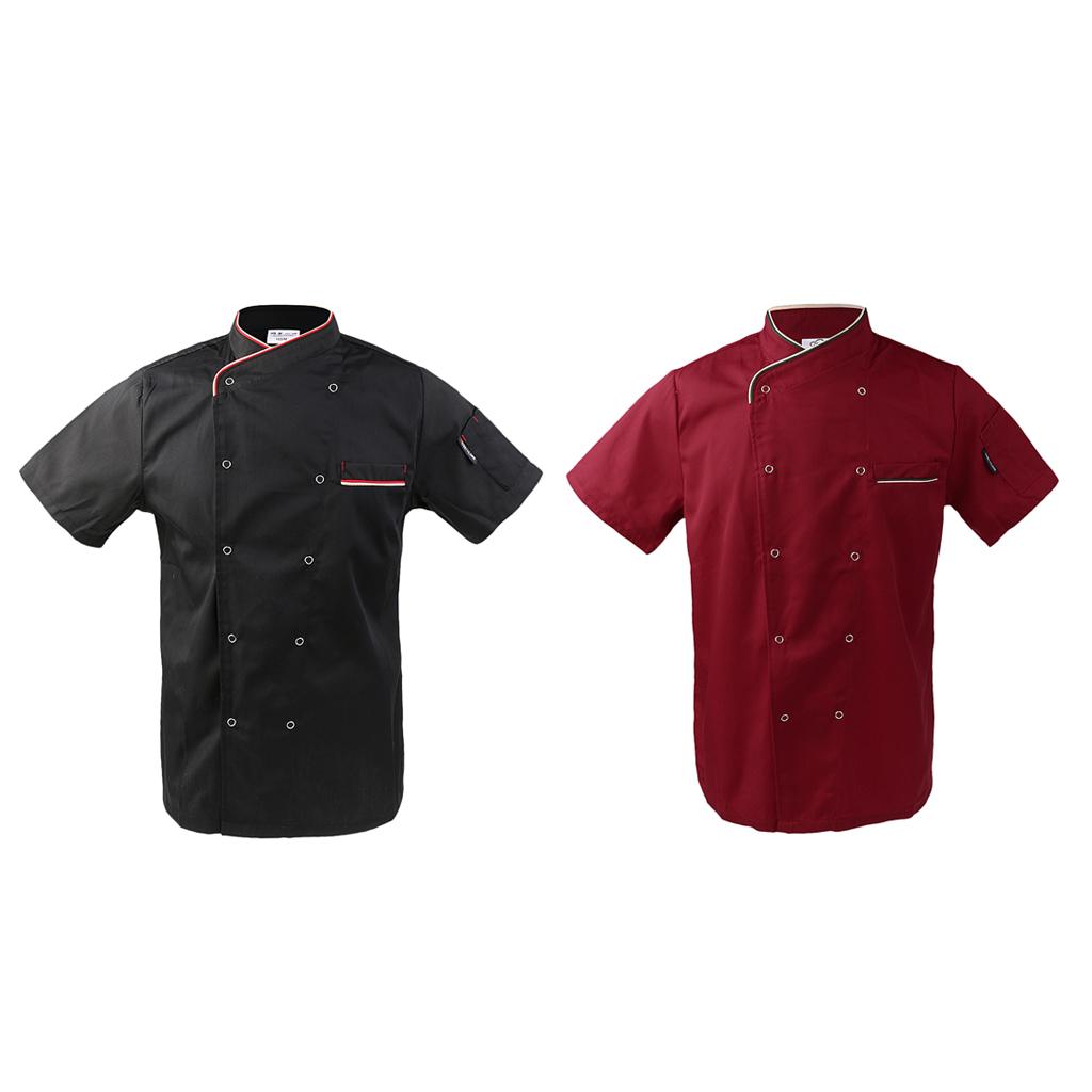 2Pcs Unisex Short Sleeve Chef Jacket Restaurant Cook Uniform 3XL Black+Red