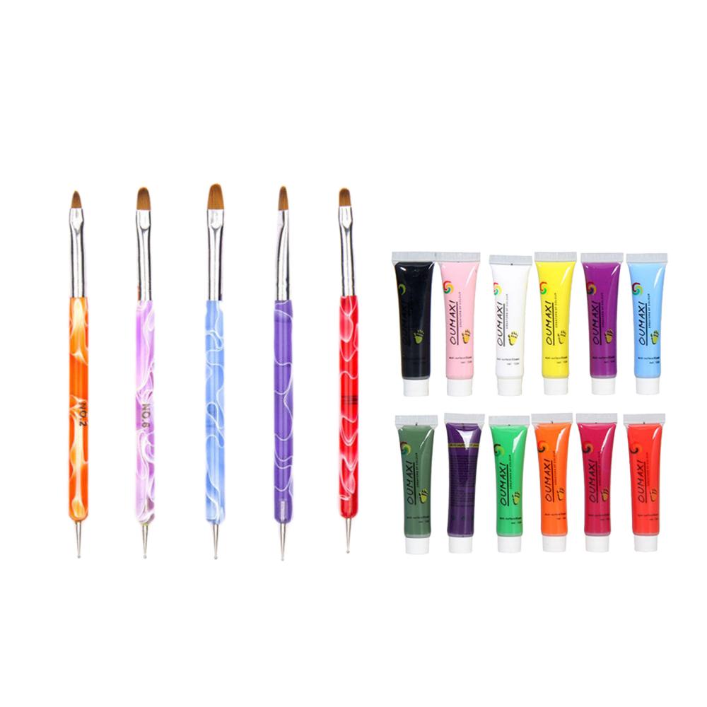 12x Nail Art Paint Pigment Tube+5x 2-Way Nail Art Painting Dotting Pen Brush