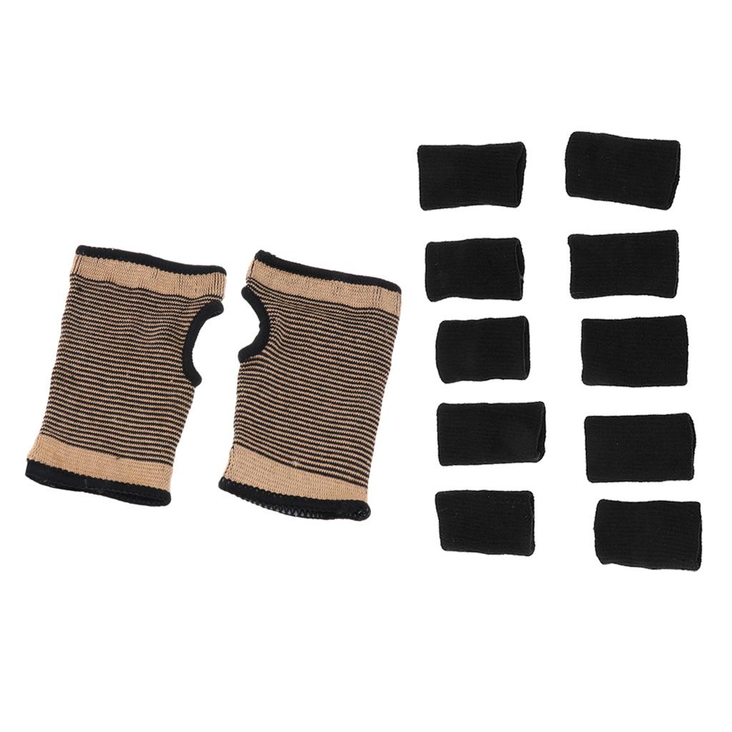 10 Pieces Stretchy Finger Protectors Sleeves with 1 Pair Wrist Palm Guard