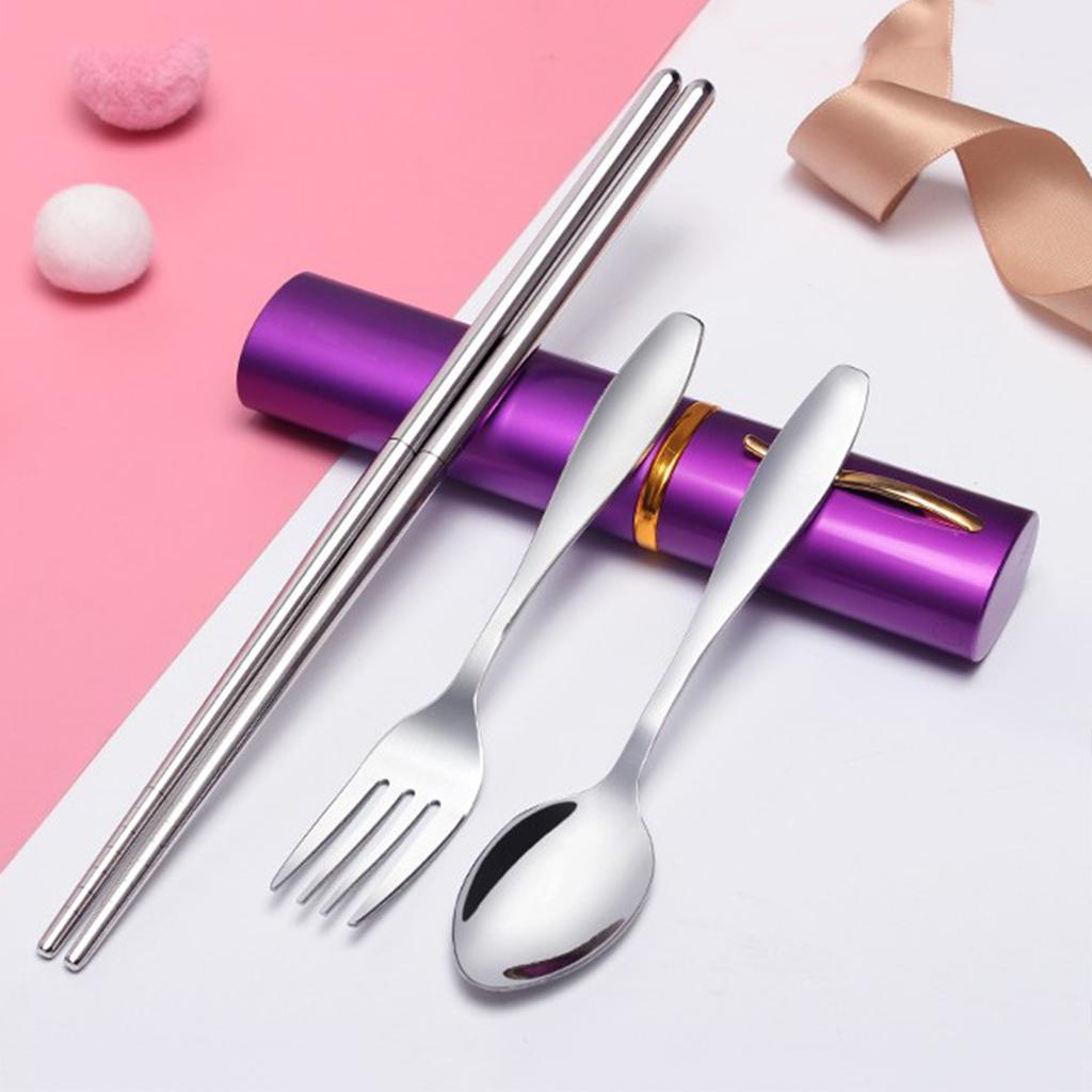 Tableware Stainless Steel Travel Portable Chopsticks, Forks Spoons Purple