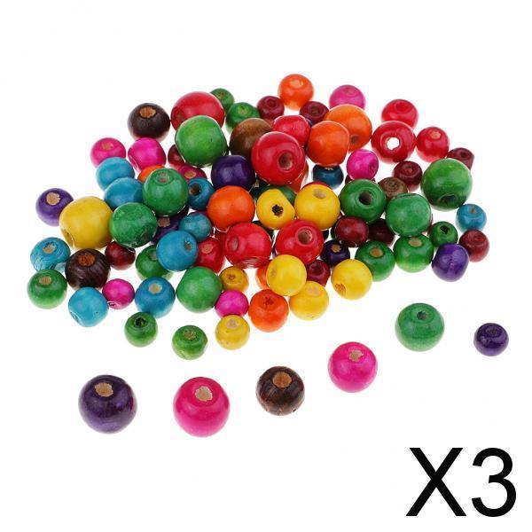 3x100 Pieces Dyed Color Round Wood Beads for Jewelry Making Craft Accessories