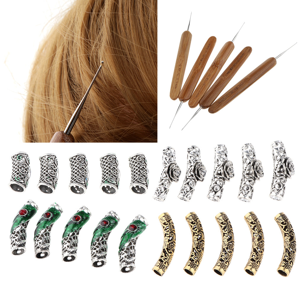 5x 0.5mm Hair Weaving Crochet Hook Needle Braid Craft + 20x Dreadlock Beads