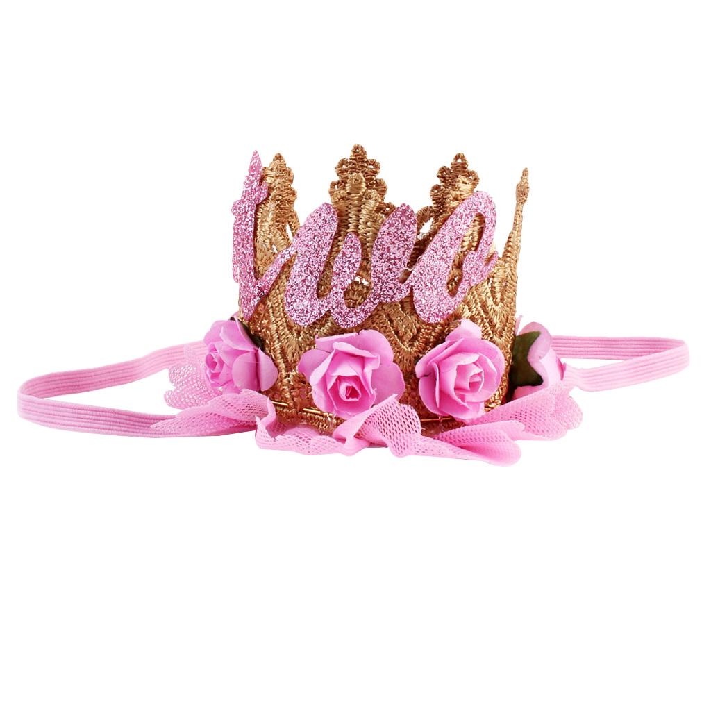 Sweety Baby Flower Golden Crown Birthday Headband Hair Accessories Two Pink