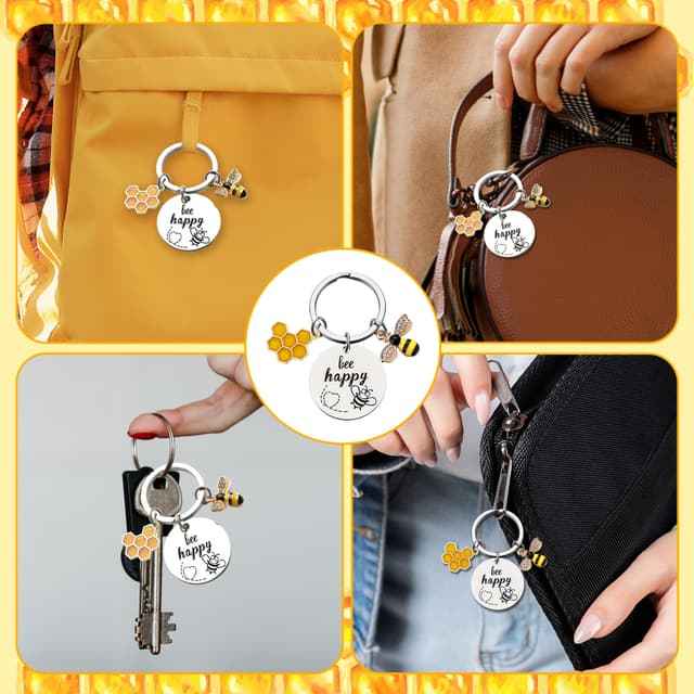 Bee Keychain Inspirational Keyring Gifts - Bee Keyrings, Bee Charm, Honey Key Ring, Cute Bee Accessory Keyrings, Bee Happy Keychain Gifts for Men Women Boys Girls Bag Purse Wallet Handbags Backpack