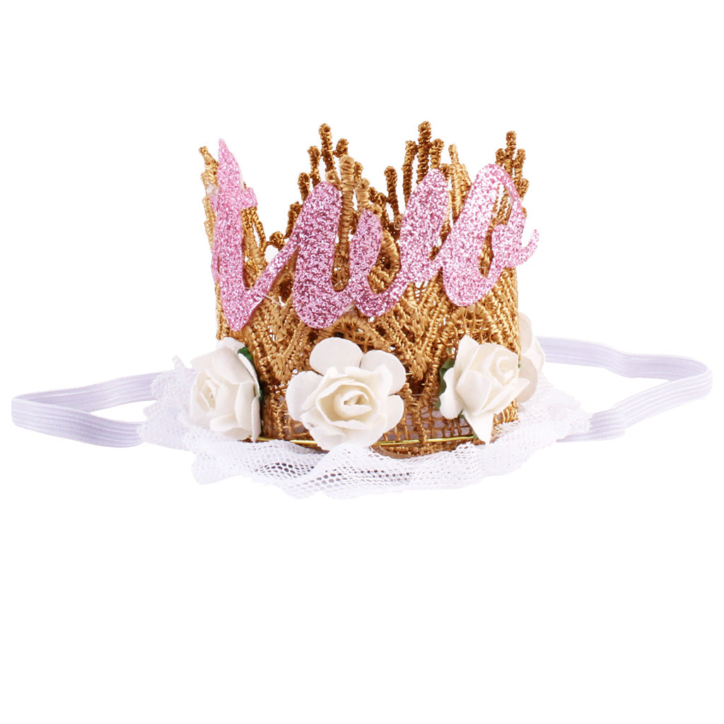 Sweety Baby Flower Golden Crown Birthday Headband Hair Accessories Two White