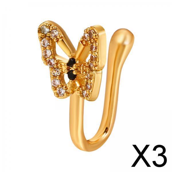 3xFake Nose Ring Rhinestone Copper No Piercing Clip on Nose Ring for Women Men Aureate