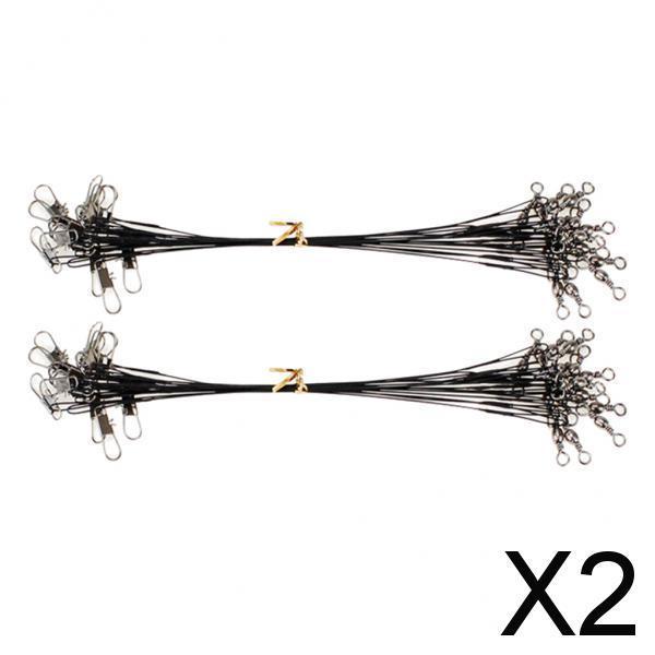 2x20pcs Fishing Wire Leaders with Safety Snaps and Barrel Swivels Black 15cm