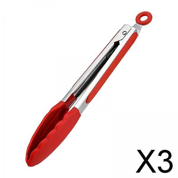 3xFood Tongs Nonstick Multifunctional Heavy Duty Stainless Steel Cooking Tongs 9inch Red