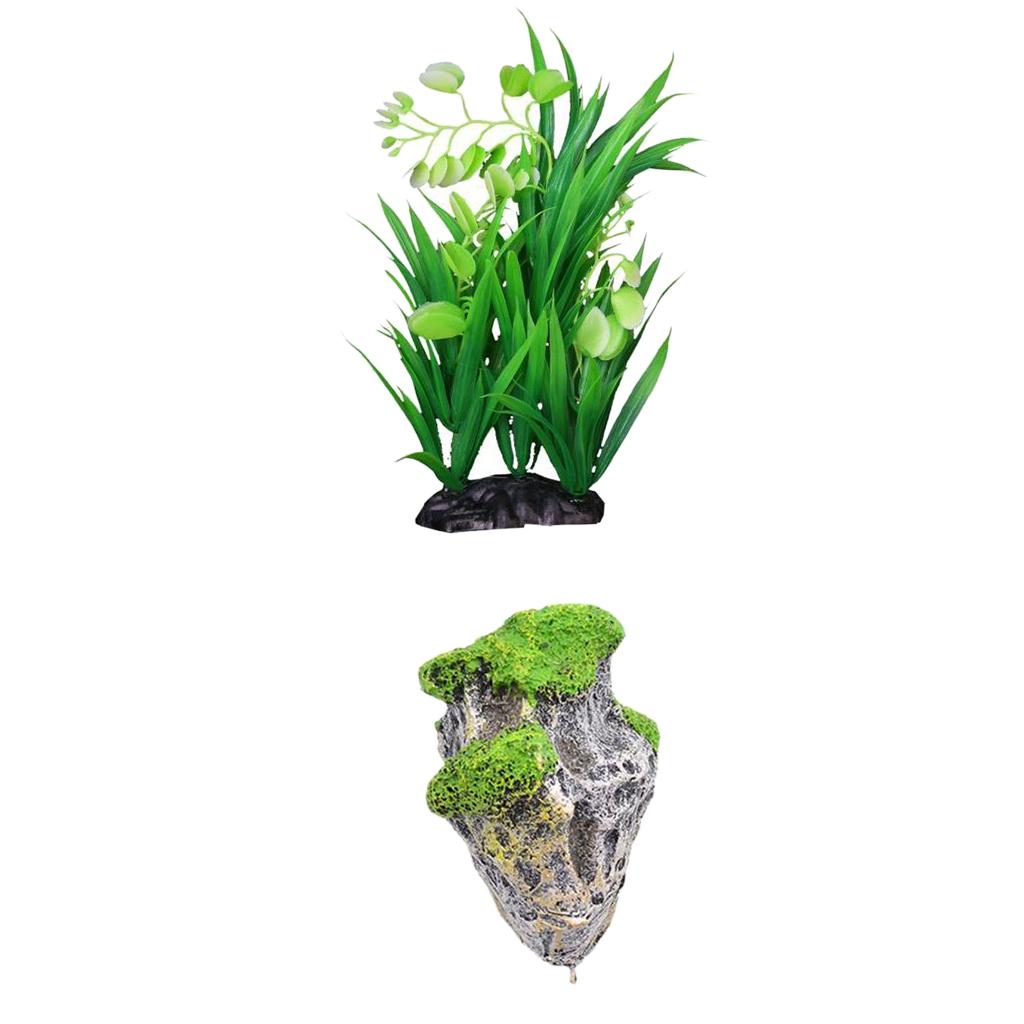 Aquarium Ornament Stone Rock Artificial Water Plant Grass For Fish Tank Cave