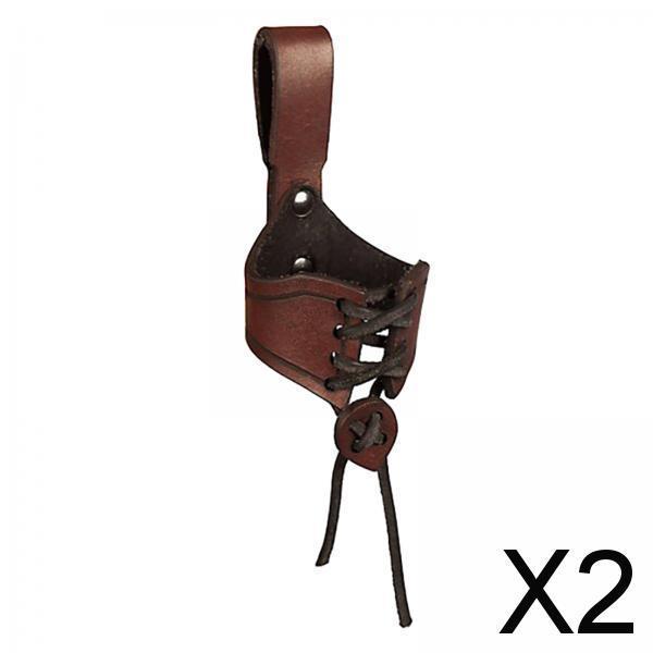 2xHorn Shape Cup Mug Case Ox Horn Holster with Buckled Loop Tankard Hanger Brown