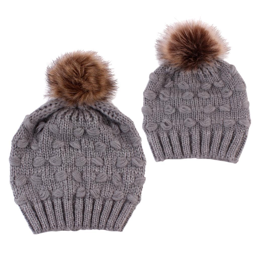 2PCS Parent-Child Hat Warmer Winter Knit Hat Beanie Ski Cap  Grey