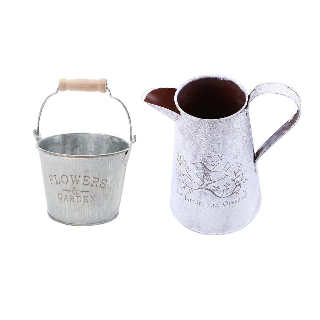 2 Piece Shabby Chic Galvanised Metal Iron Flower Plant Bucket Vase Flowerpot