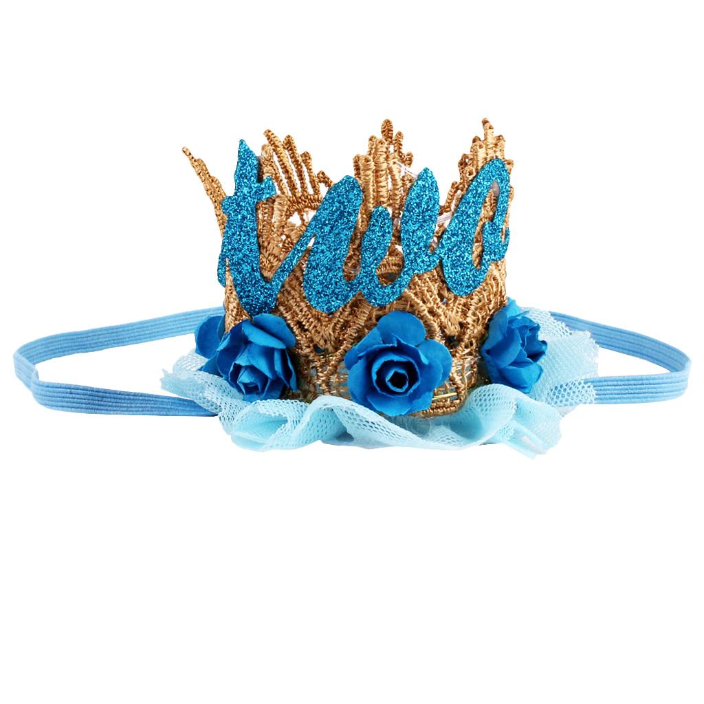 Sweety Baby Flower Golden Crown Birthday Headband Hair Accessories Two Blue