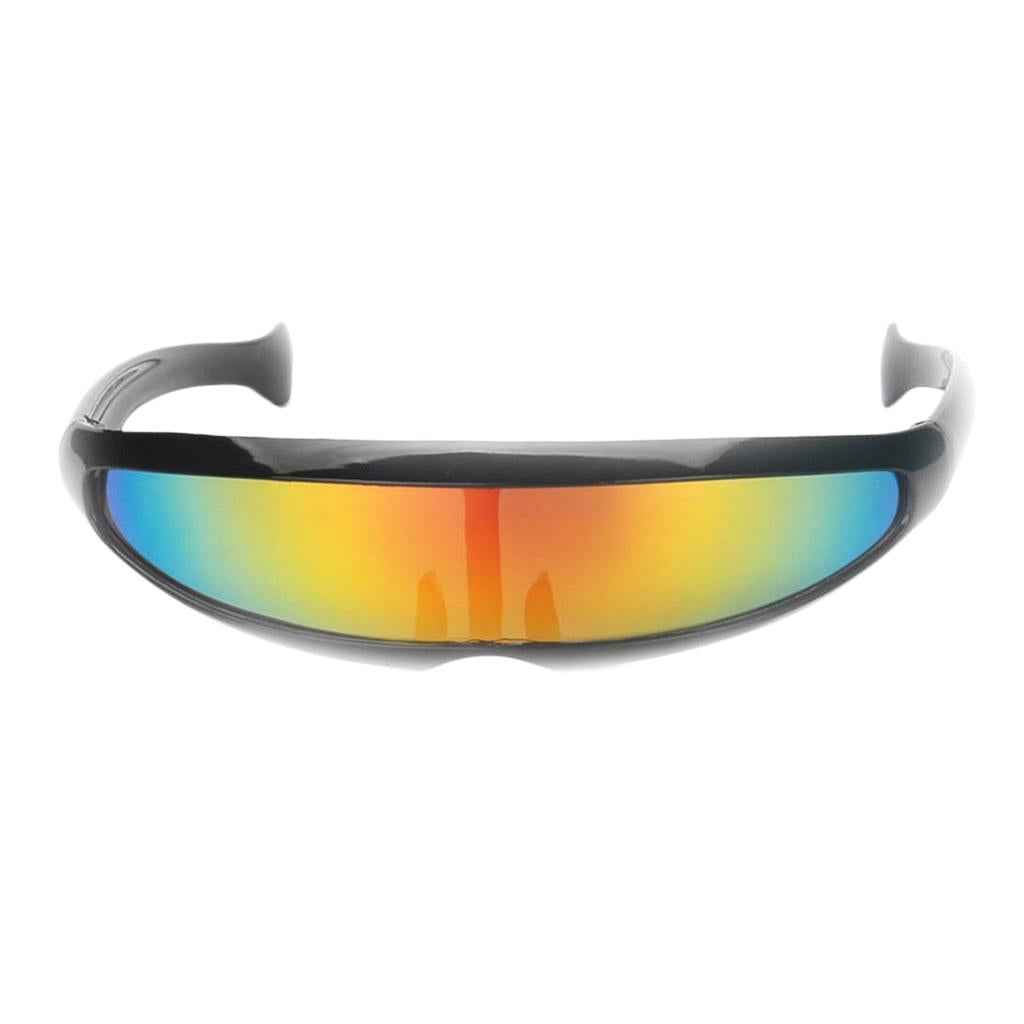 Futuristic Narrow Cyclops Color Mirrored Lens Visor Sunglasses Black Frame Yellow Mirrored