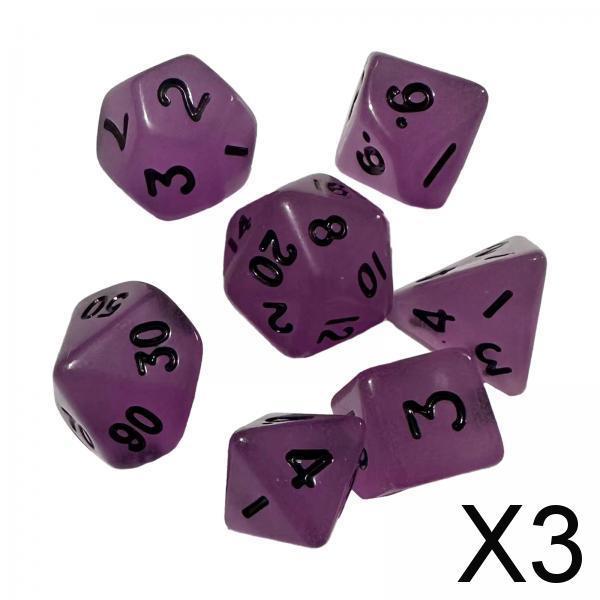 3x7Pcs Glowing Polyhedral Dices D4-d20 Multi Sided Dices for Role Playing Game Violet