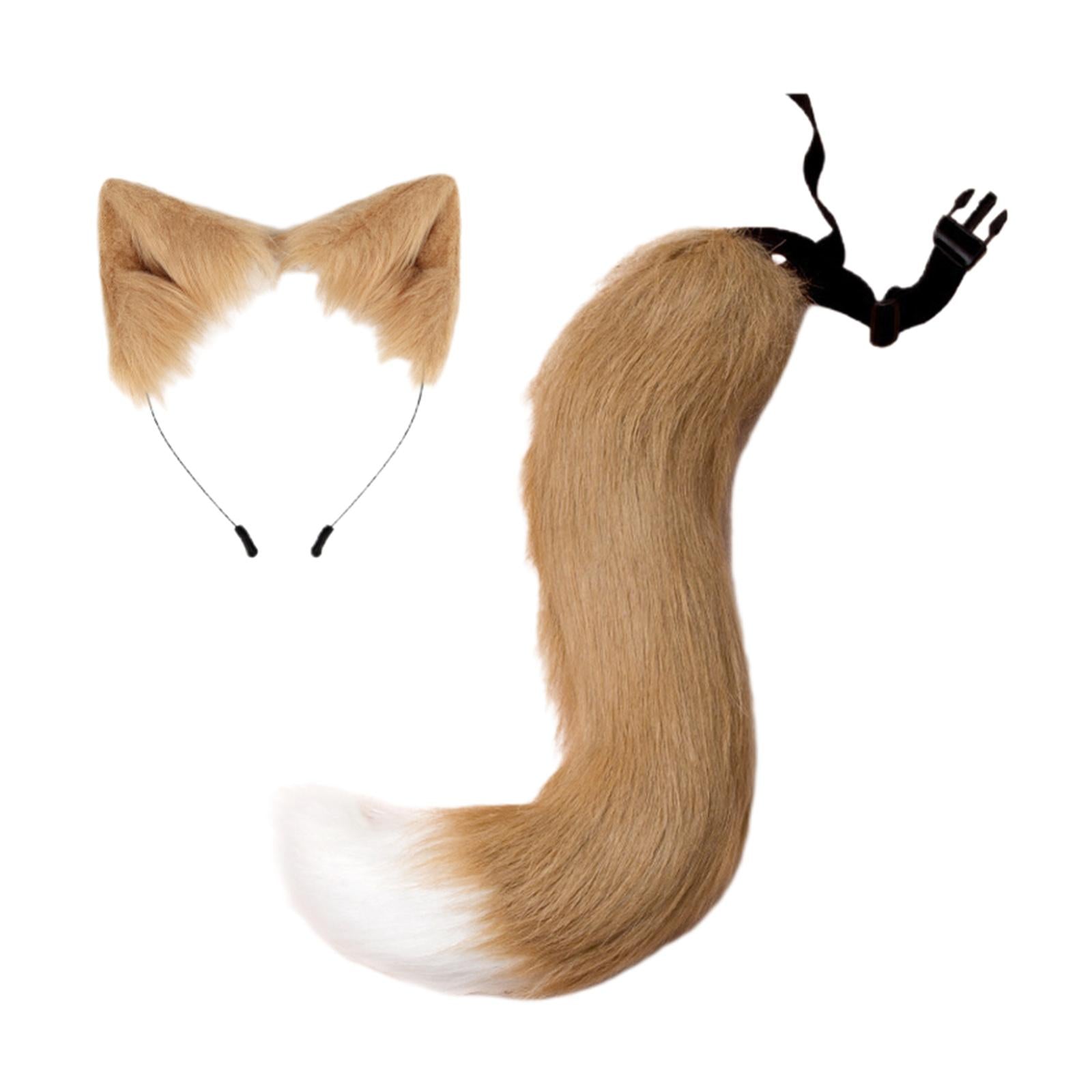 2Pcs Faux Fur Long Tail Gothic Fox Ears Hair Hoop for Cosplay Costume Kits Khaki