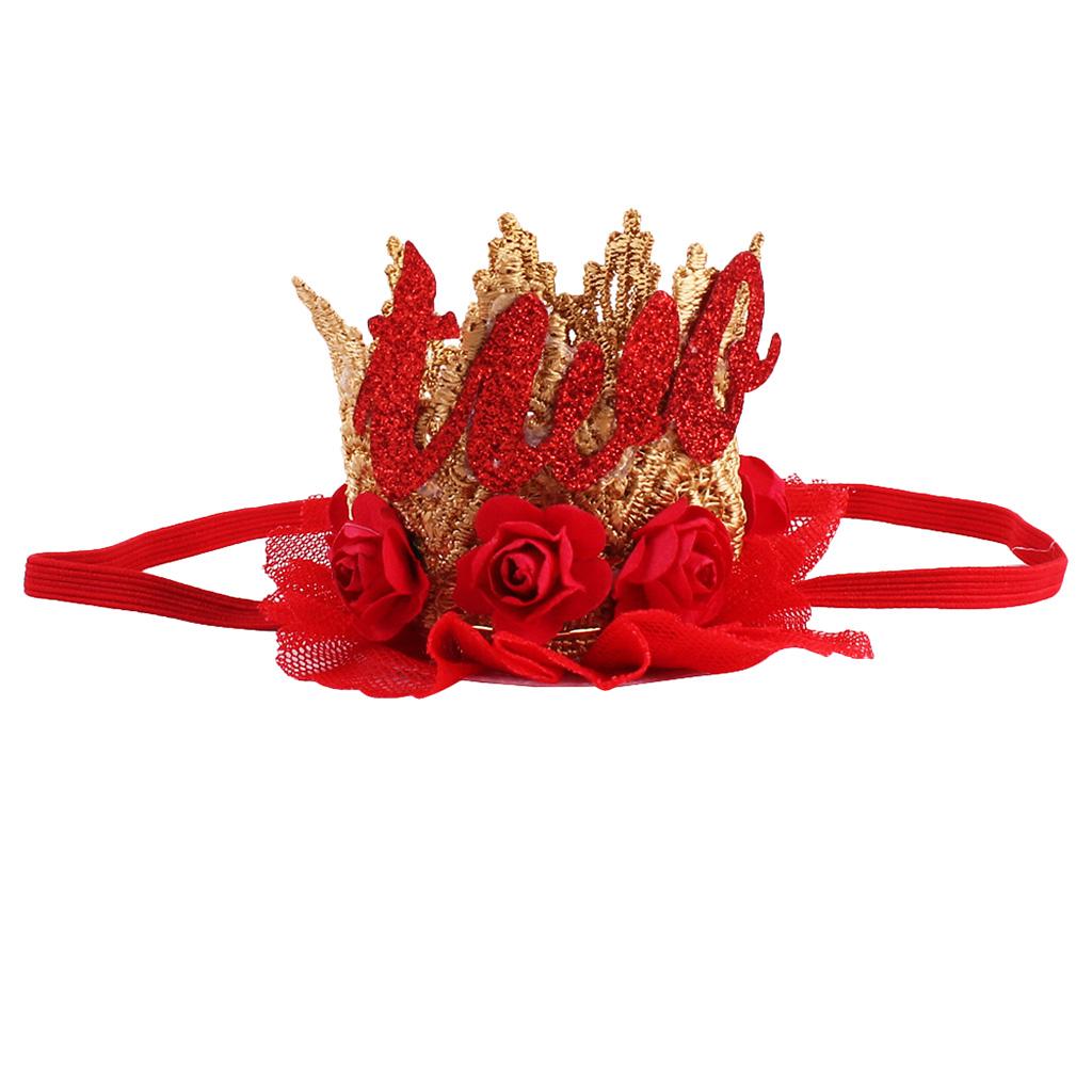 Sweety Baby Flower Golden Crown Birthday Headband Hair Accessories Two Red