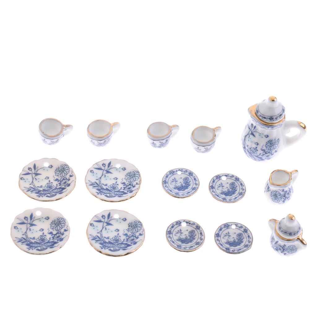 1/12 Dollhouse Miniature Tableware Tea Coffee Wine Cup Set 15 Pieces Kit Blue Flower Patterns