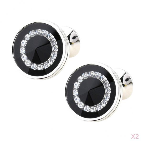 2 Pair Fashion Men Shirts Classic Black Round Crystal Cufflinks for Wedding