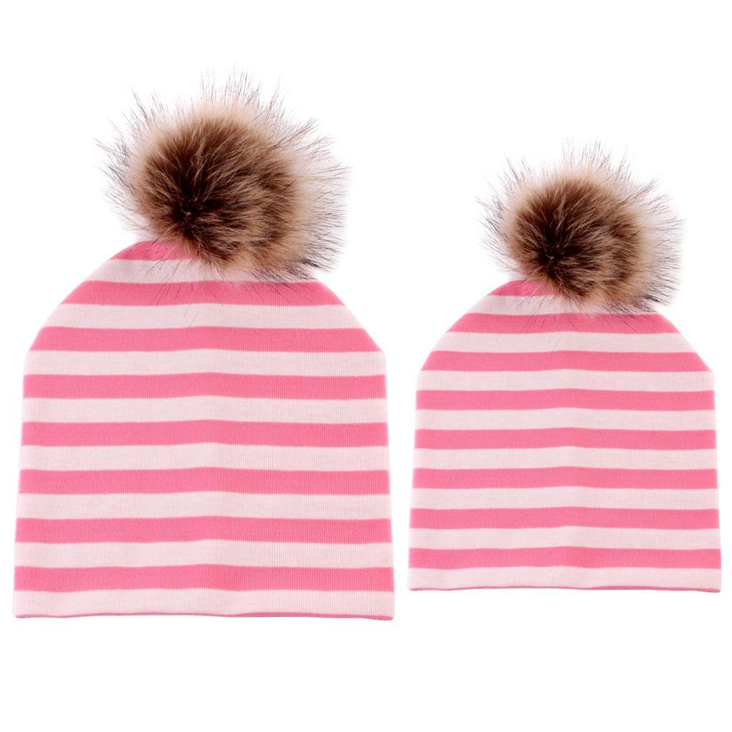 2PCS Parent-Child Hat, Mother & Baby Winter Warm Hat Family Beanie Ski Cap Pink