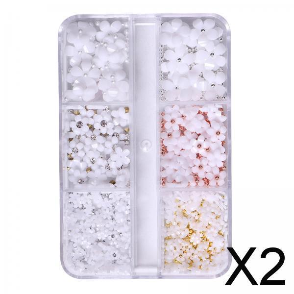 2xMixed 3D Flower Nail Charms 6 Grids Nail Decoration Supplies for Nail Crafts Style A