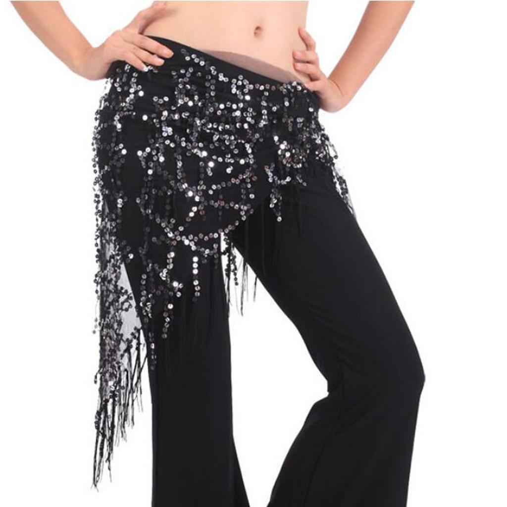Lady's Belly Dance Sequins Triangle Hip Scarf With Tassel Black Silver