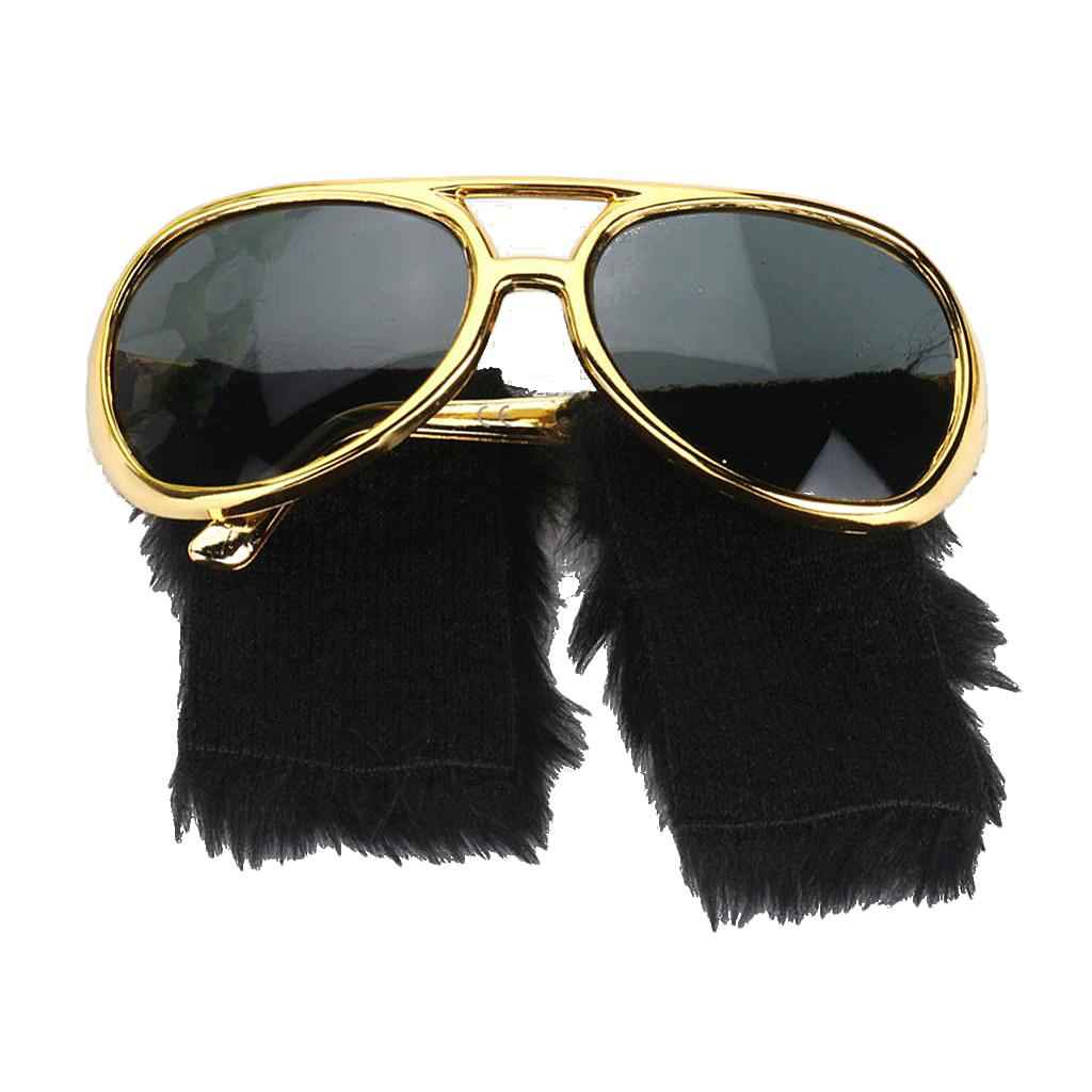 Novelty Elvis Gold Sunglasses Funny Beard Glasses 70s 80s Disco Fancy Dress Accessories