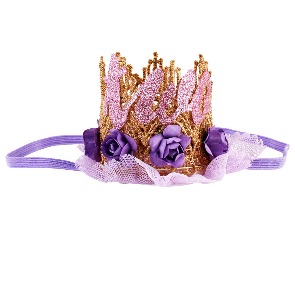 Sweety Baby Flower Golden Crown Birthday Headband Hair Accessories Two Purple