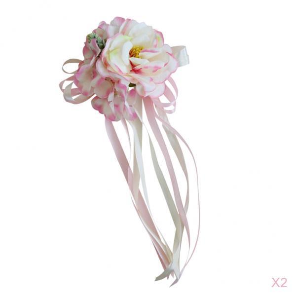 2pcs Artificial Ribbon Flowers Wedding Car Mirror Door Handles Decor Pink