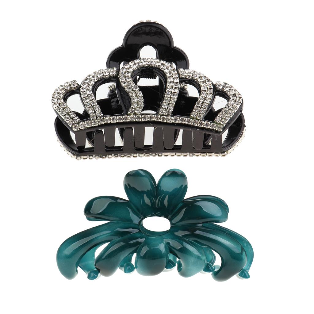 2Pcs Large Acrylic Hair Flower Crystal Claw Clasp Clips Holder- Green Black