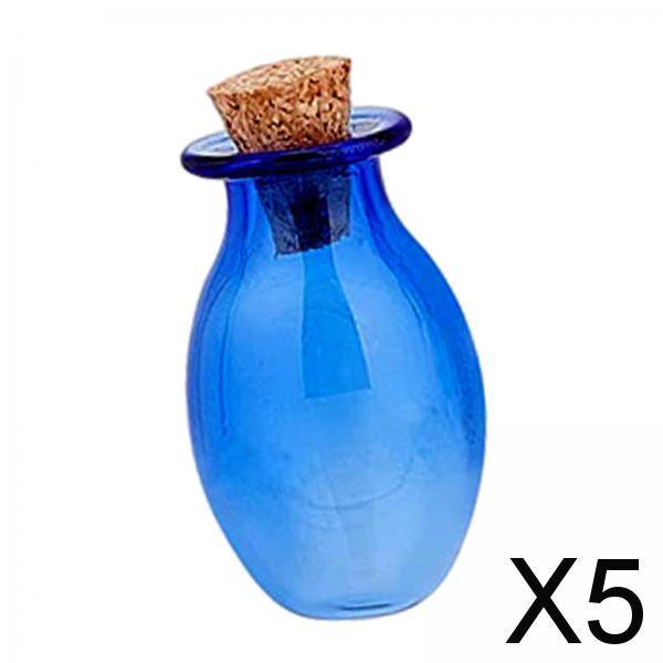 5xSmall Glass Bottles with Cork Stoppers Clear Wishing Bottle Jars Blue
