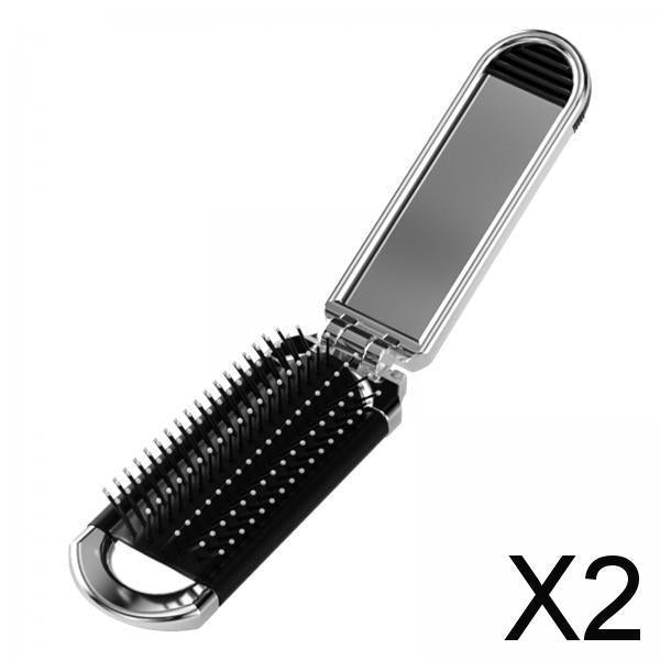 2xFolding Hair Brush with Mirror Portable Travel Hair Brush for Gym Car