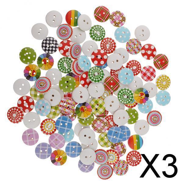 3x100pcs 15mm Polka Dot Plaid Buttons Wood Buttons 2 Holes for Sewing Craft