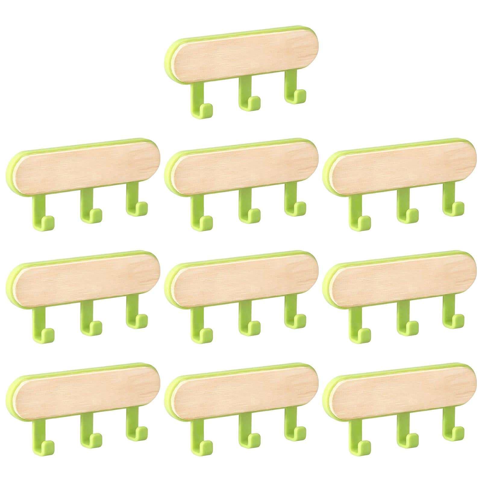 10x Wall Mounted Coat Racks Back Adhesive for Bathroom Bedroom 3 Hooks Green