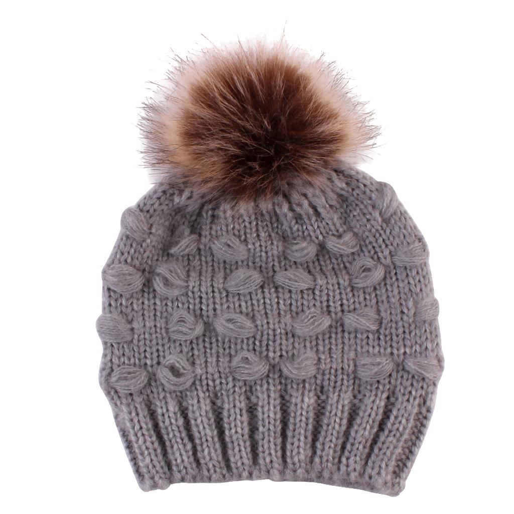 Winter Warm Hats Baby Knitting Beanie Toddler Mohair Pom Pom Cap Grey