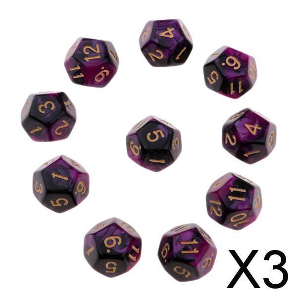 3xMulti-sided Dice Polyhedron Dice D12 for D&D TRPG Table Game Purple+Black