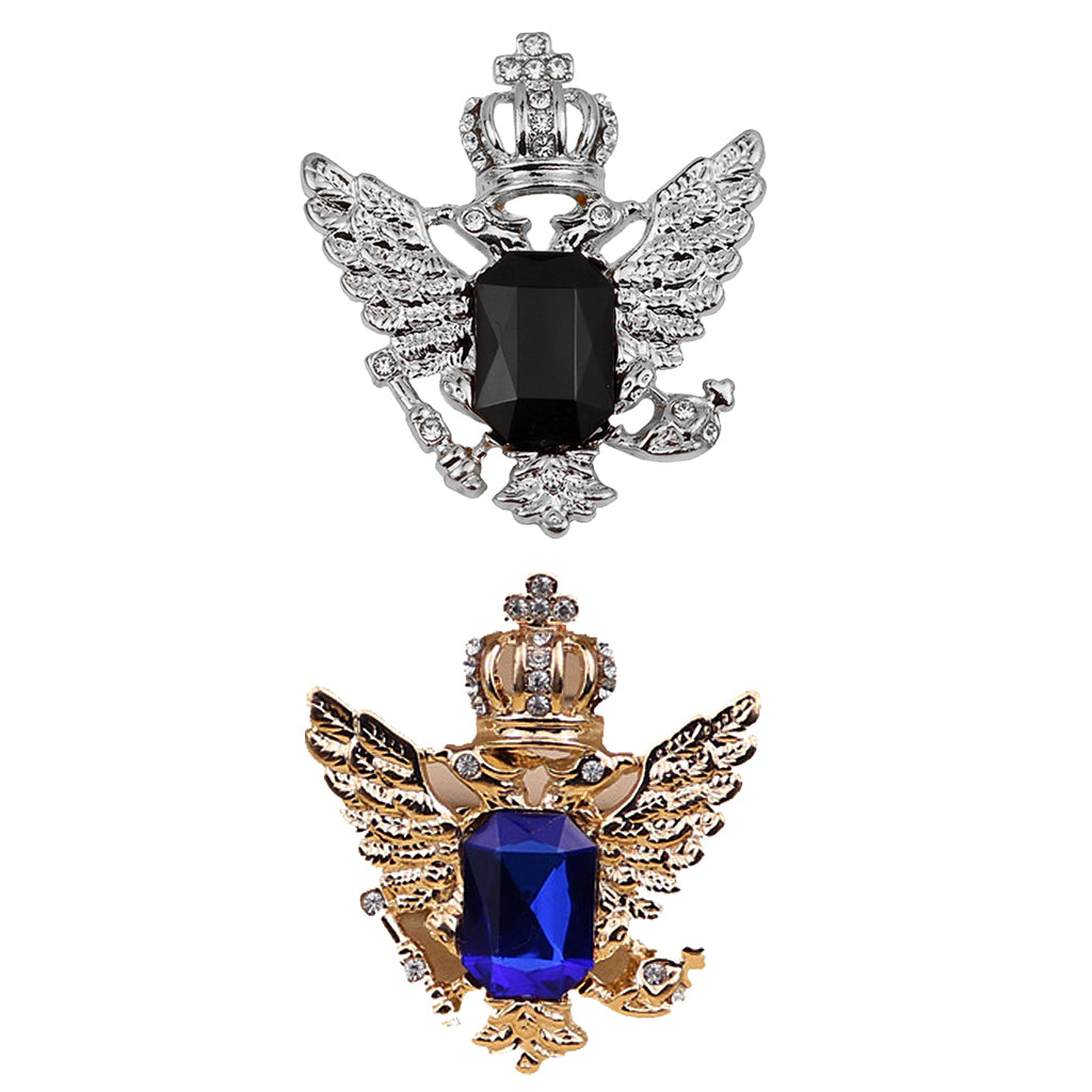 2pcs Vintage Blue/Black Rhinestone Crown Eagle Collar Brooch Pin for Men