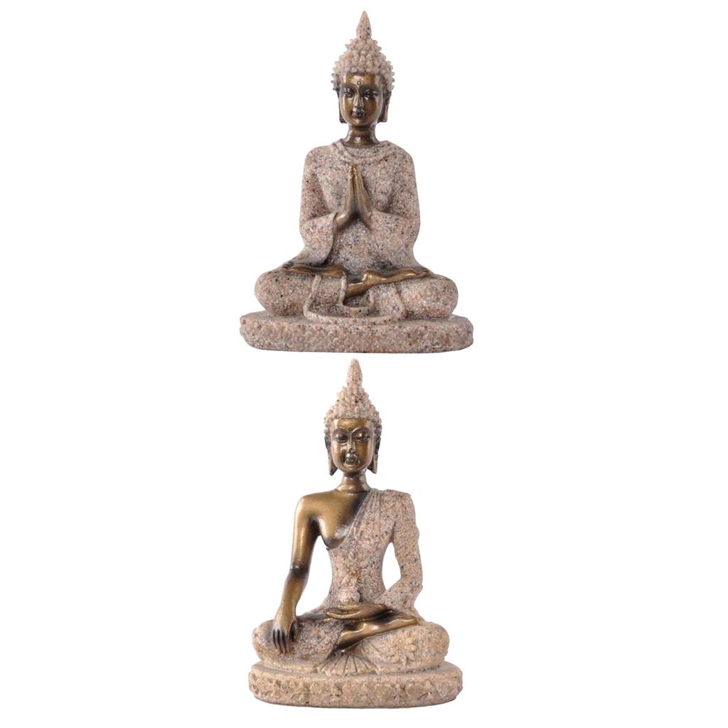 2 Pieces The Sandstone Joss Buddha Statue Sculpture Hand Carved Figurine
