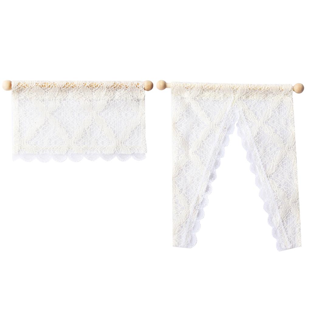 2 Pieces 1/12 Dollhouse Miniature Lace Curtain/Drape Wooden Rod Decor White