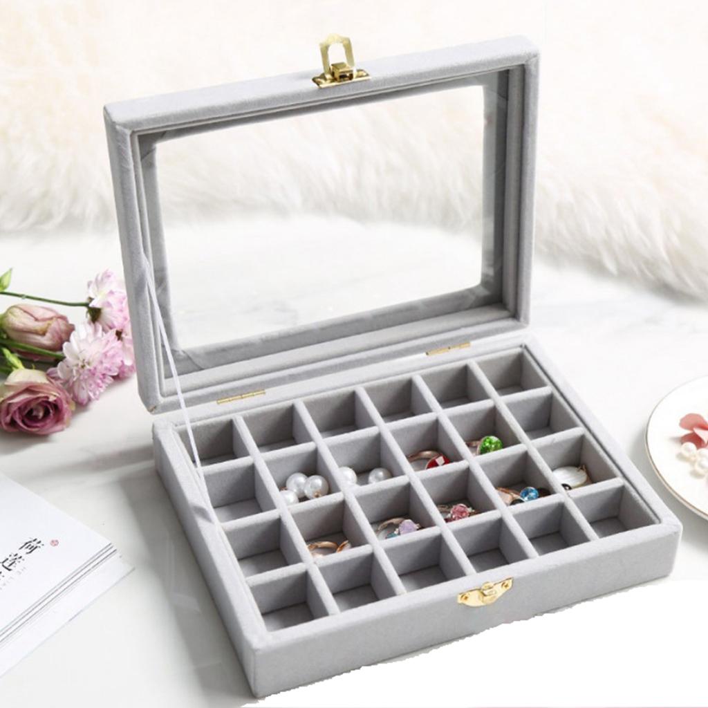 Jewelry Display Case Tray Storage Box Organizer Holder Grey 24 Slot