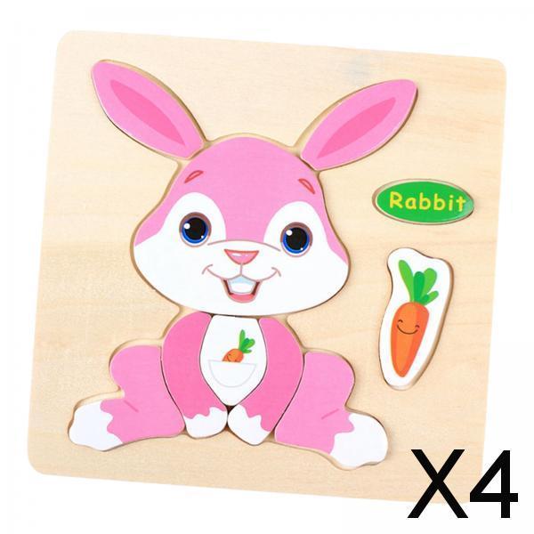 4xWooden Cartoon Rabbit Jigsaw Puzzles for Baby Birthday Travel Toy