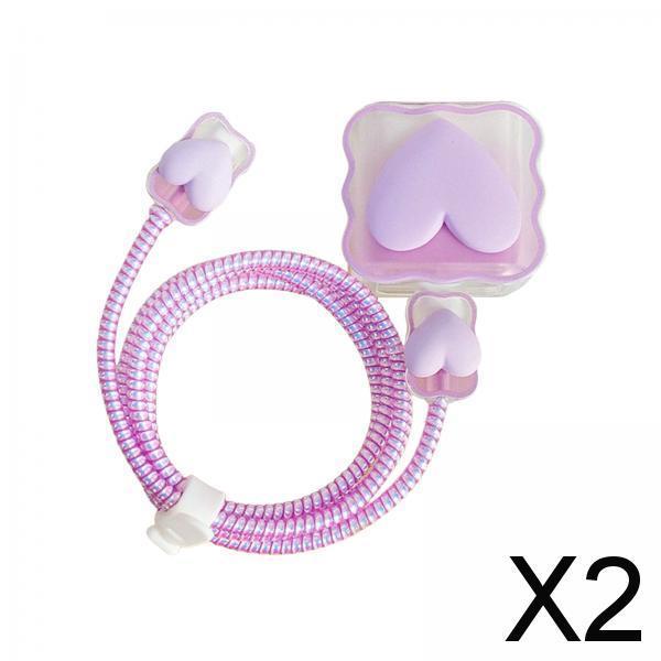 2xChargers Cable Protective Cover 4in1 3D Protective Case for Cell Phone Phone Love Purple