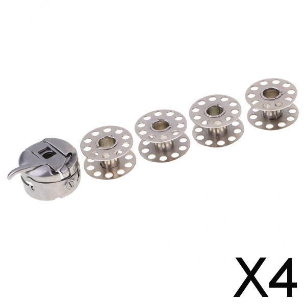 4xSet of 1 Domestic Sewing Machine Bobbin Case + 4 Bobbins 