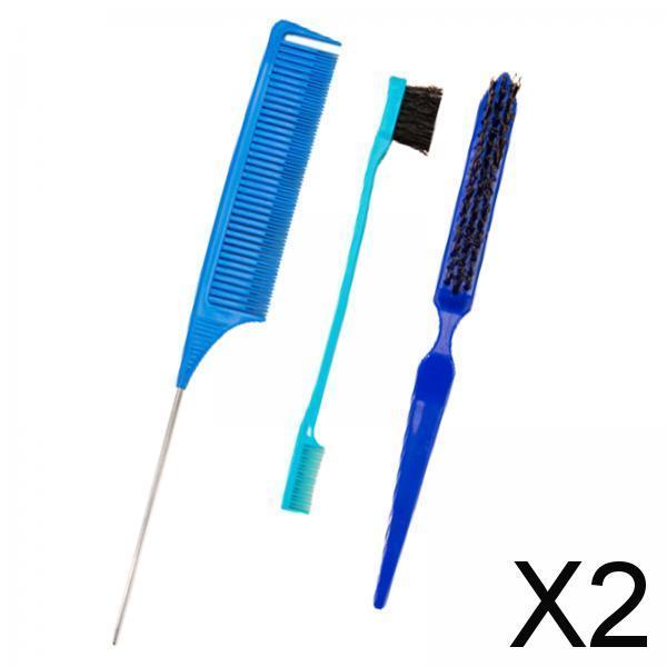 2x3Pcs Slick Brush Set Edge Brush for Grooming Slicking Edge and Back Brushing Blue
