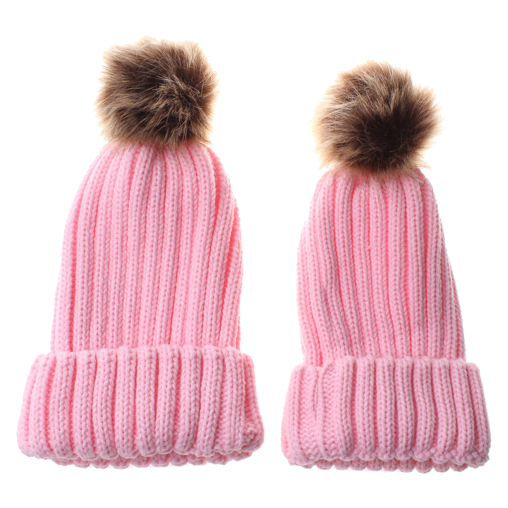 2 Pieces Parent-Child Hat Warmer Winter Knit Hat Beanie Ski Cap Pink