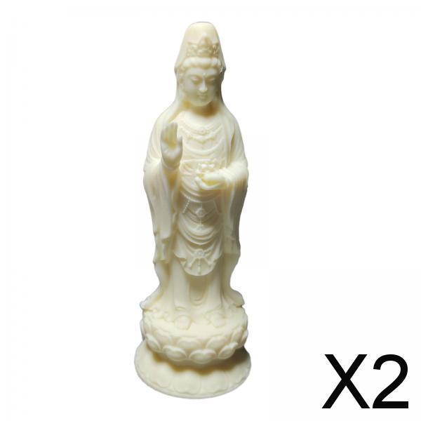2xGuanyin Standing Statue Wood Carving Ornament Handmade for Housewarming Gift