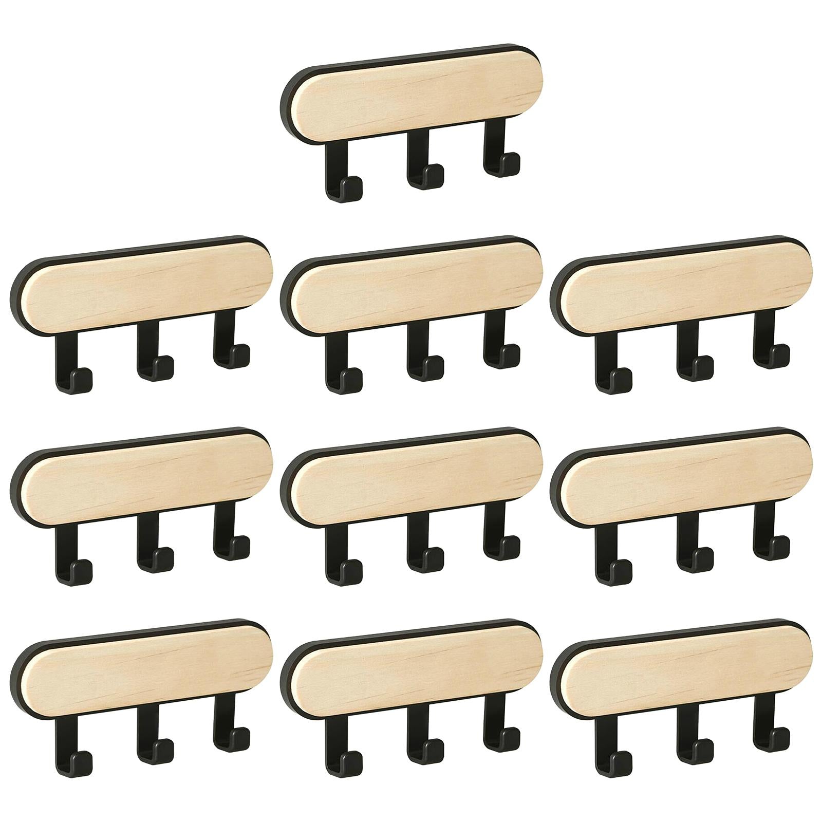 10x Wall Mounted Coat Racks Back Adhesive for Bathroom Bedroom 3 Hooks Black